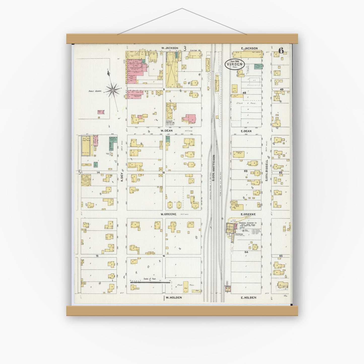 Old map wall art mockup — magnetic wood frame on white wall — Sanborn Fire Insurance Map from Virden, Macoupin County, Illinois (1906), Sheet #0006