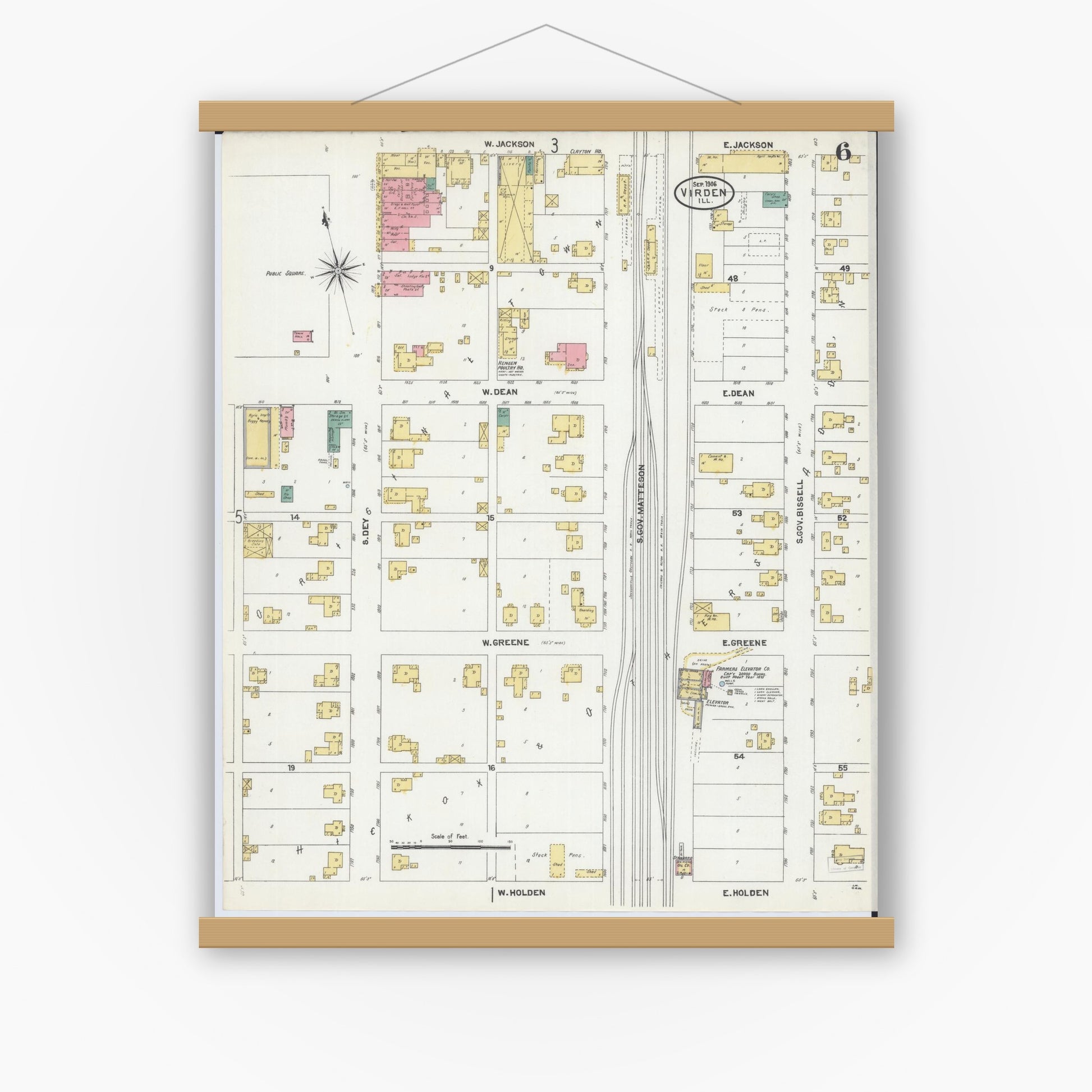 Old map wall art mockup — magnetic wood frame on white wall — Sanborn Fire Insurance Map from Virden, Macoupin County, Illinois (1906), Sheet #0006