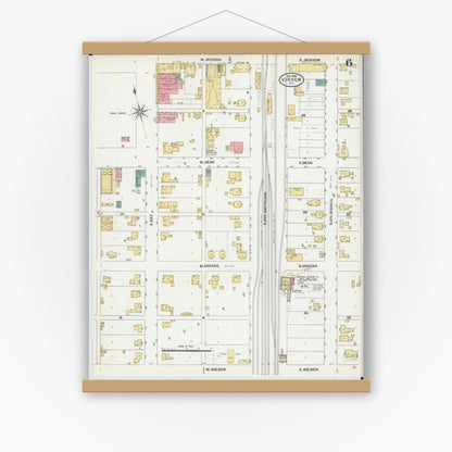 Old map wall art mockup — magnetic wood frame on white wall — Sanborn Fire Insurance Map from Virden, Macoupin County, Illinois (1906), Sheet #0006
