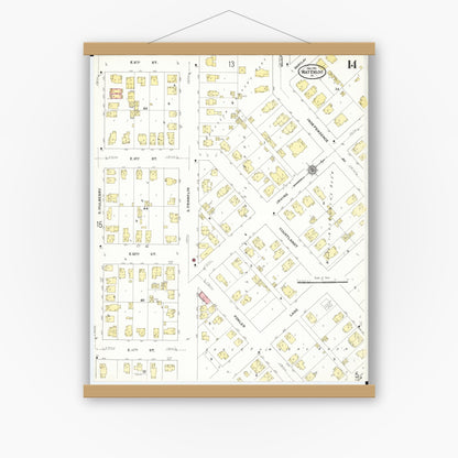 Old map wall art mockup — magnetic wood frame on white wall — Sanborn Fire Insurance Map from Waterloo, Black Hawk County, Iowa (1910), Sheet #0014
