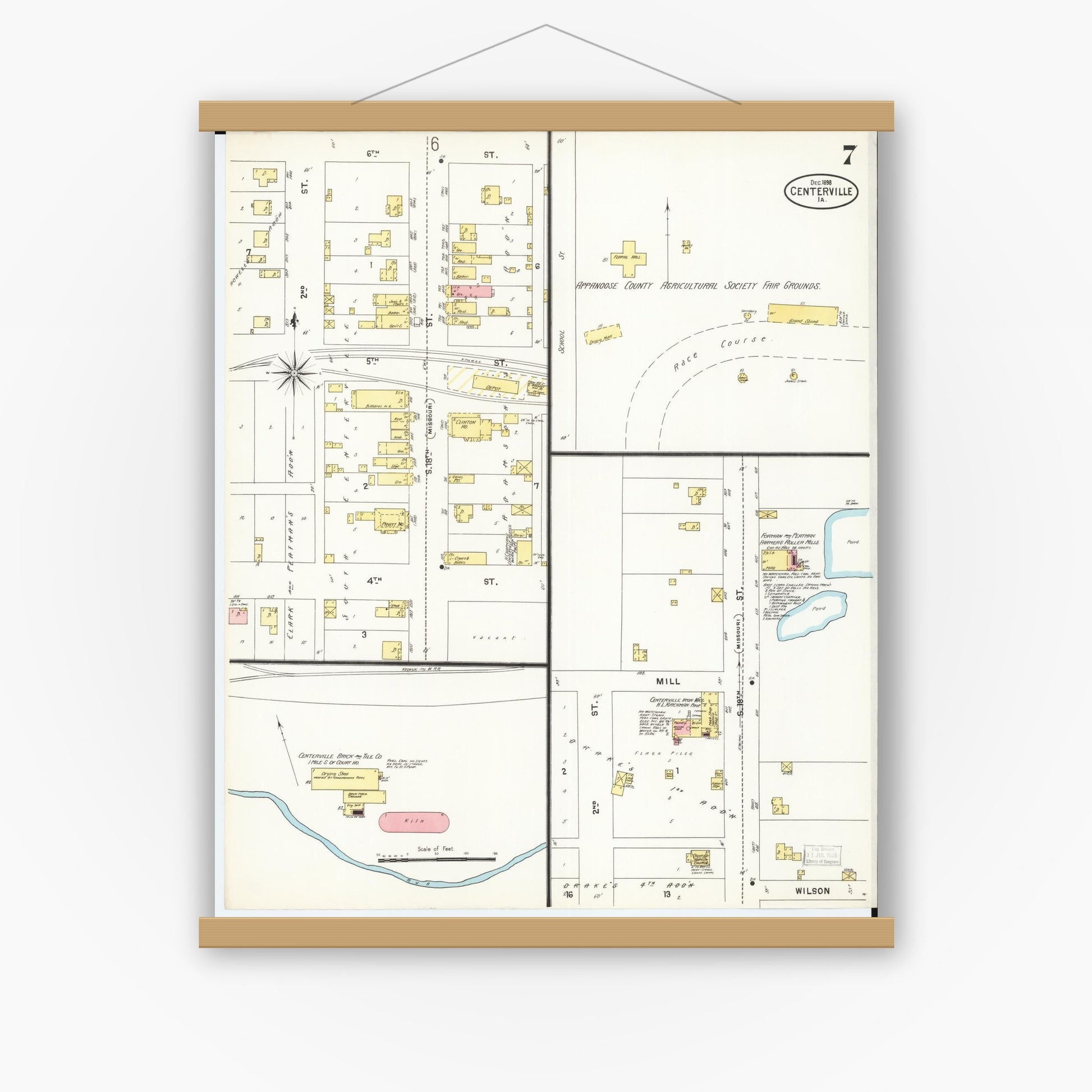 Old map wall art mockup — magnetic wood frame on white wall — Sanborn Fire Insurance Map from Centerville, Appanoose County, Iowa (1898), Sheet #0007