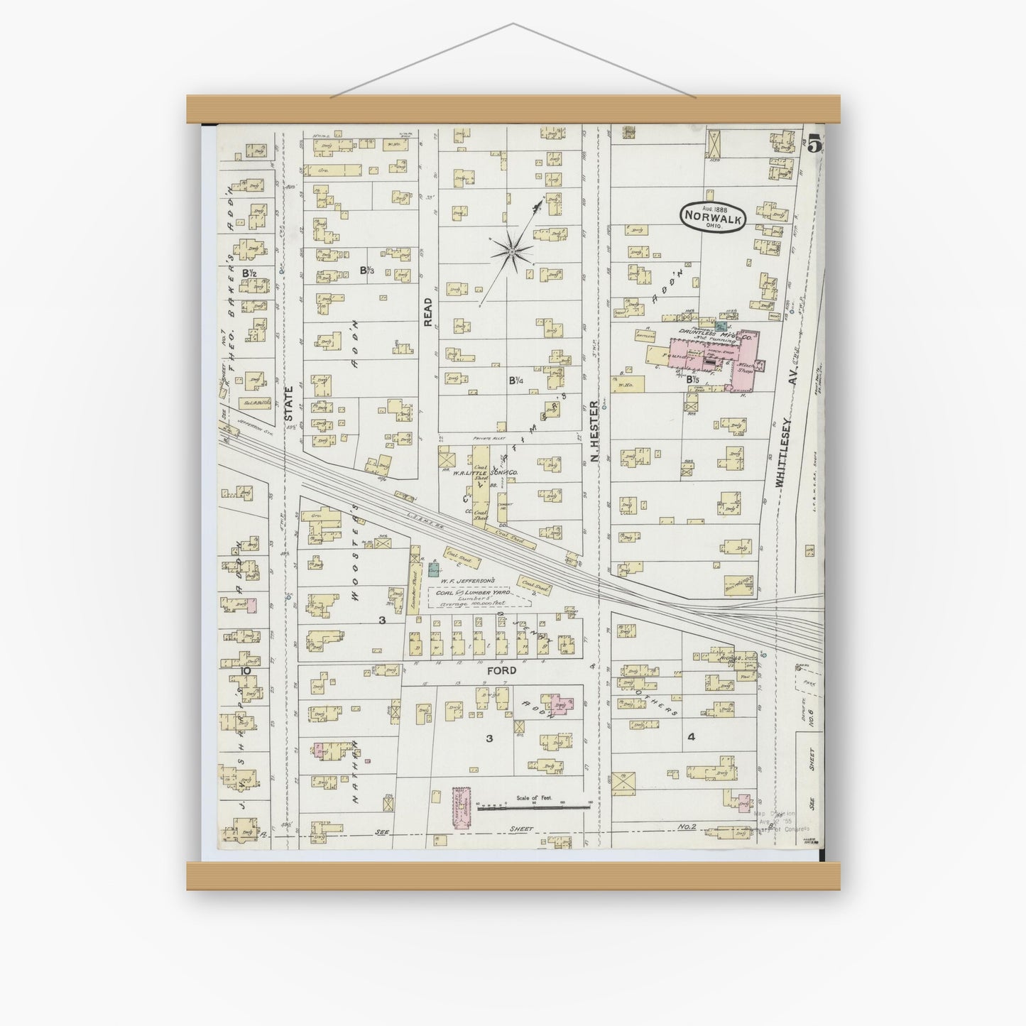 Old map wall art mockup — magnetic wood frame on white wall — Sanborn Fire Insurance Map from Norwalk, Huron County, Ohio (1888), Sheet #0005