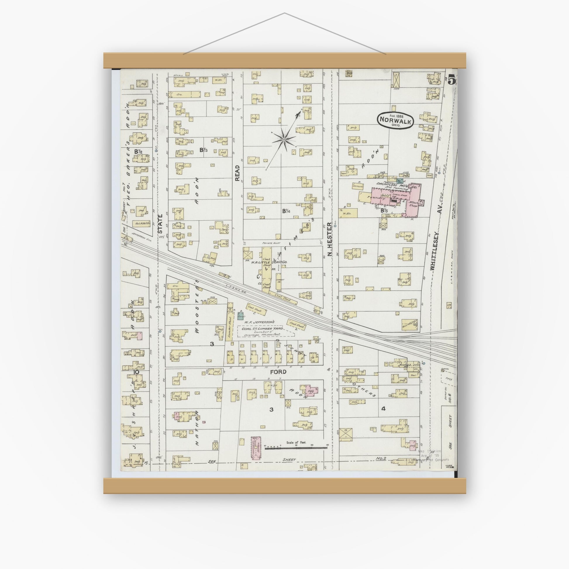 Old map wall art mockup — magnetic wood frame on white wall — Sanborn Fire Insurance Map from Norwalk, Huron County, Ohio (1888), Sheet #0005