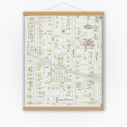 Old map wall art mockup — magnetic wood frame on white wall — Sanborn Fire Insurance Map from Norwalk, Huron County, Ohio (1888), Sheet #0005