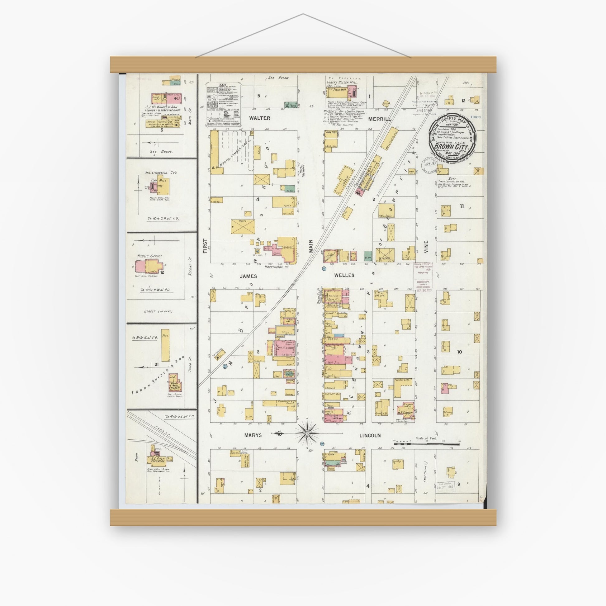 Old map wall art mockup — magnetic wood frame on white wall — Sanborn Fire Insurance Map from Brown City, Sanilac County, Michigan (1900), Sheet #0001