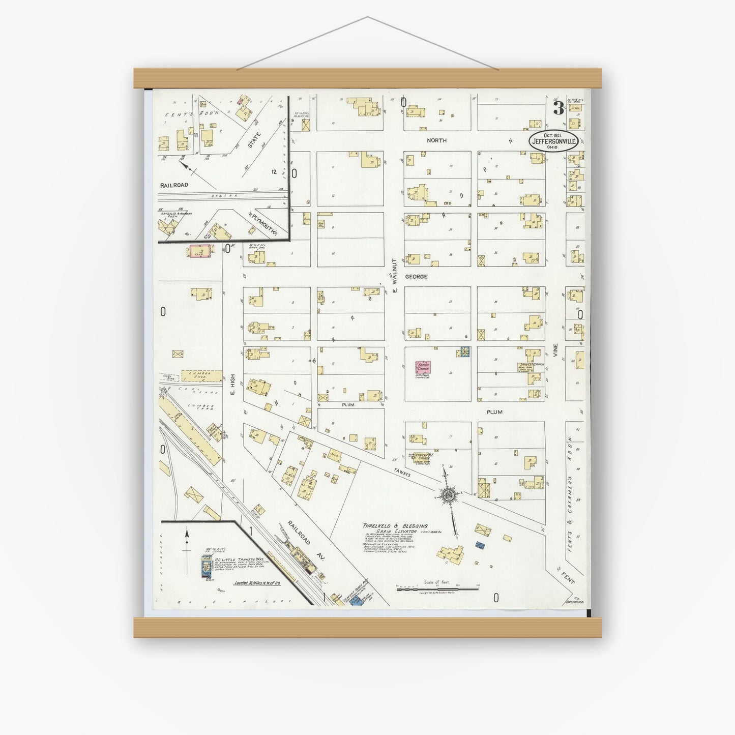 Old map wall art mockup — magnetic wood frame on white wall — Sanborn Fire Insurance Map from Jeffersonville, Fayette County, Ohio (1921), Sheet #0003