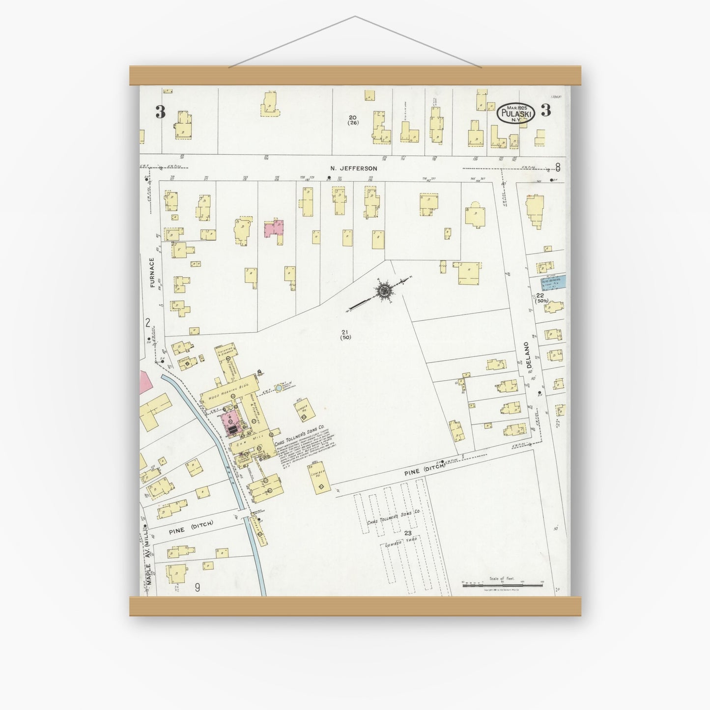 Old map wall art mockup — magnetic wood frame on white wall — Sanborn Fire Insurance Map from Pulaski, Oswego County, New York (1925), Sheet #0003
