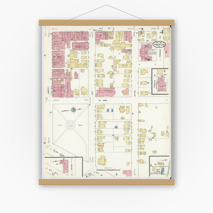 Old map wall art mockup — magnetic wood frame on white wall — Sanborn Fire Insurance Map from Franklin, Venango County, Pennsylvania (1912), Sheet #0004