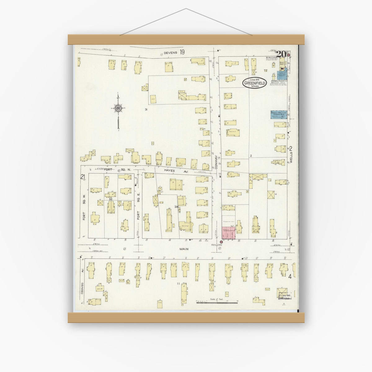 Old map wall art mockup — magnetic wood frame on white wall — Sanborn Fire Insurance Map from Greenfield, Franklin County, Massachusetts (1914), Sheet #0020