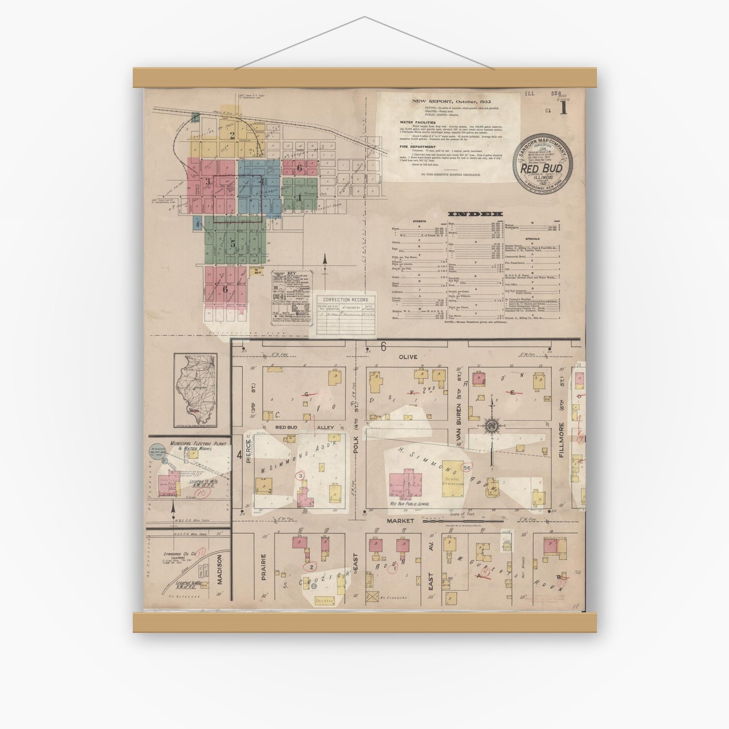 Old map wall art mockup — magnetic wood frame on white wall — Sanborn Fire Insurance Map from Red Bud, Randolph County, Illinois (1932) - Complete Map Set