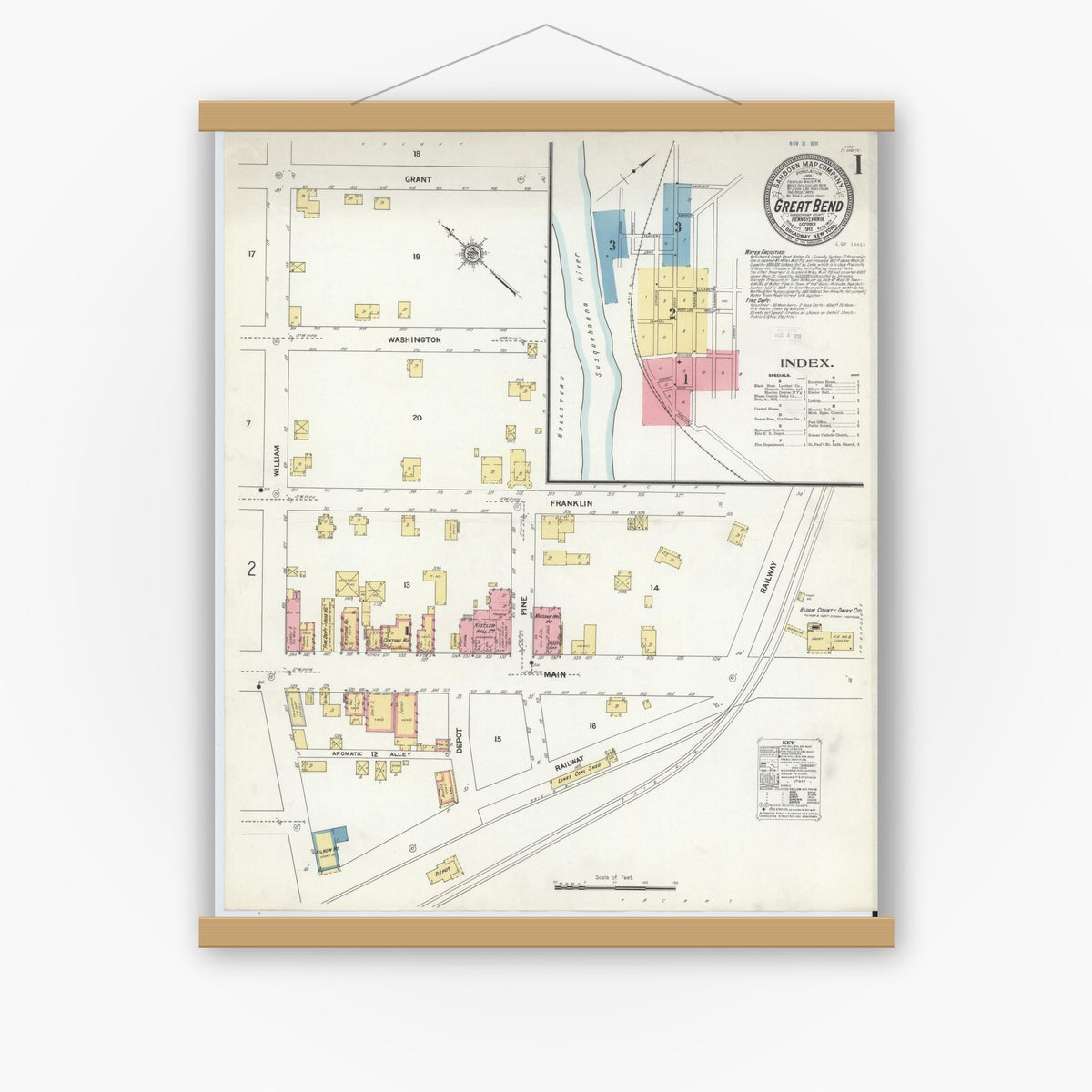 Old map wall art mockup — magnetic wood frame on white wall — Sanborn Fire Insurance Map from Great Bend, Susquehanna County, Pennsylvania (1911) - Complete Map Set