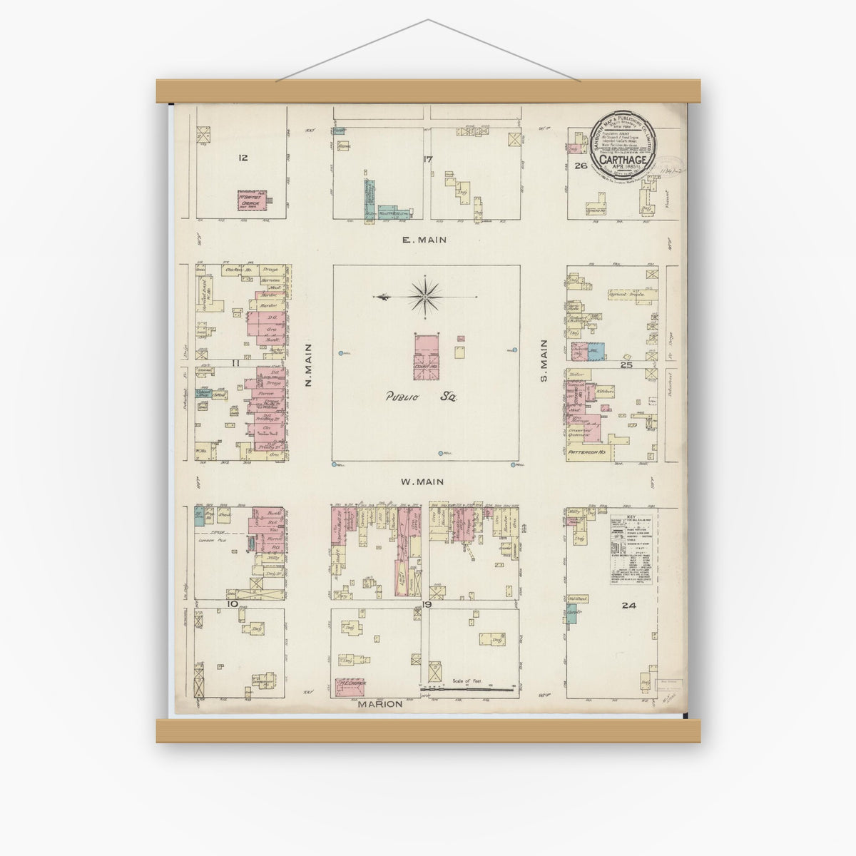 Old map wall art mockup — magnetic wood frame on white wall — Sanborn Fire Insurance Map from Carthage, Hancock County, Illinois (1885), Sheet #0001