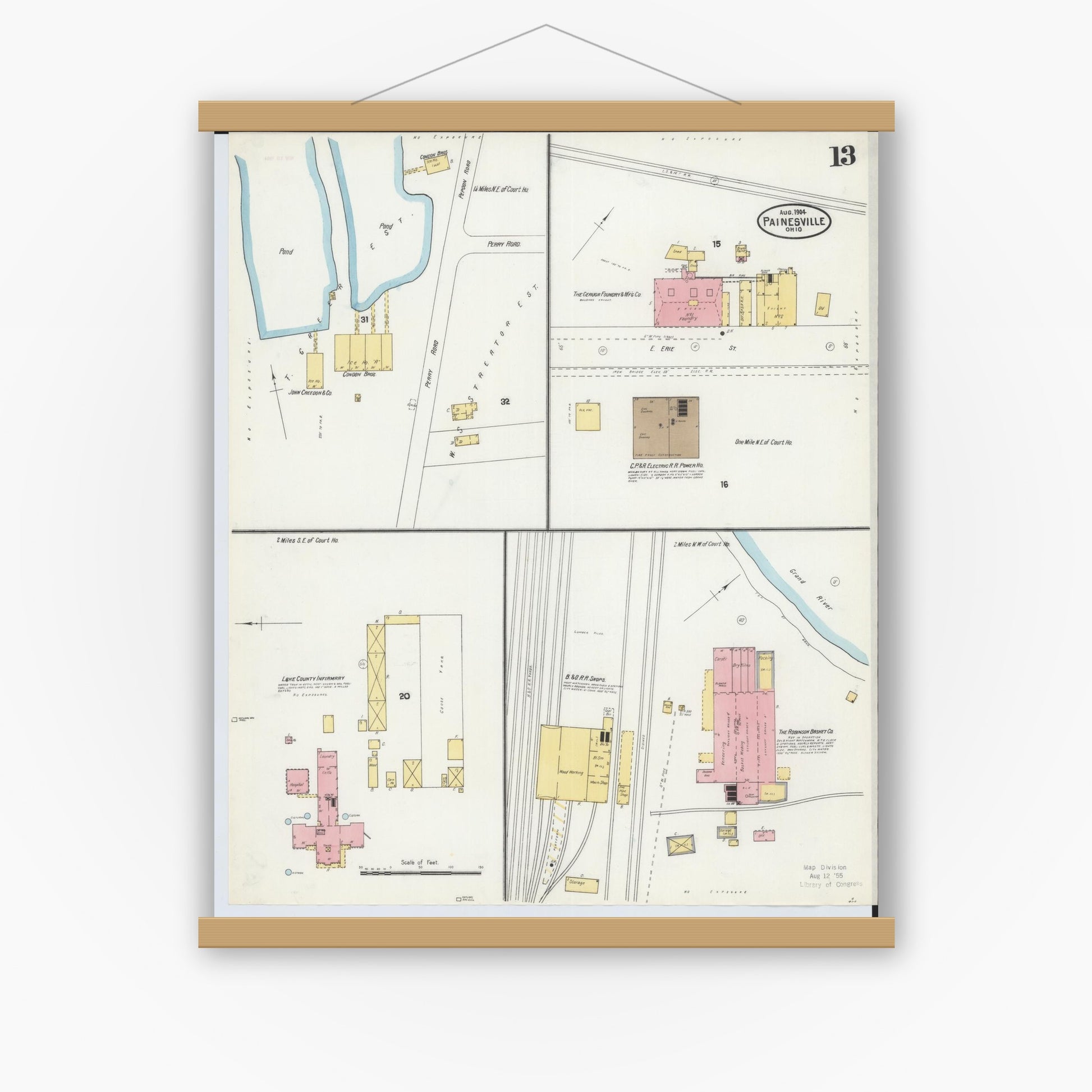 Old map wall art mockup — magnetic wood frame on white wall — Sanborn Fire Insurance Map from Painesville, Lake County, Ohio (1904), Sheet #0013
