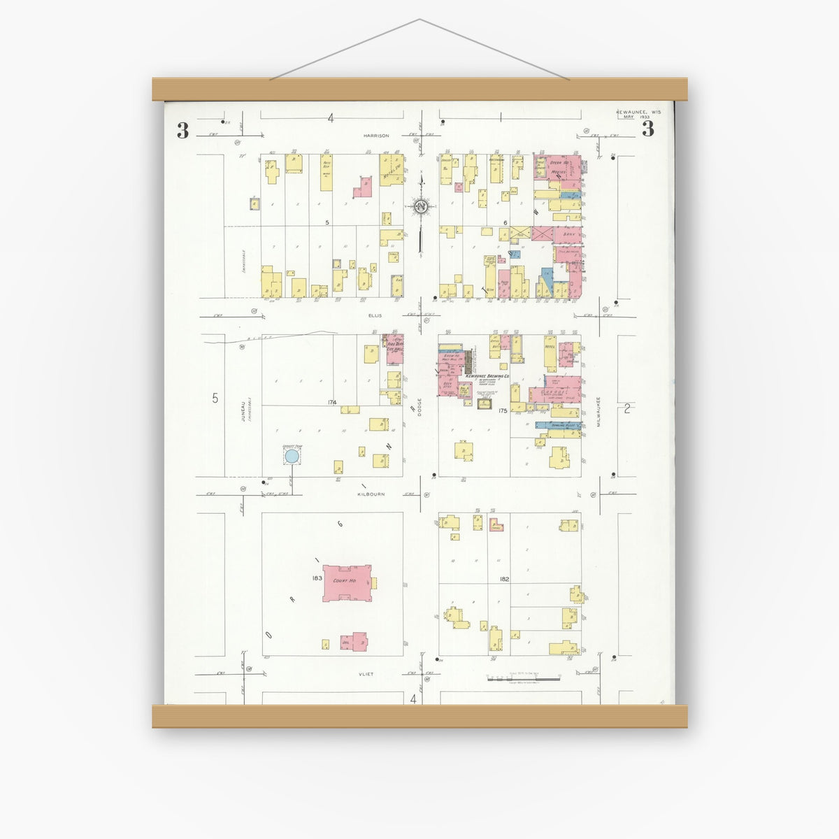 Old map wall art mockup — magnetic wood frame on white wall — Sanborn Fire Insurance Map from Kewaunee, Kewaunee County, Wisconsin (1933), Sheet #0003