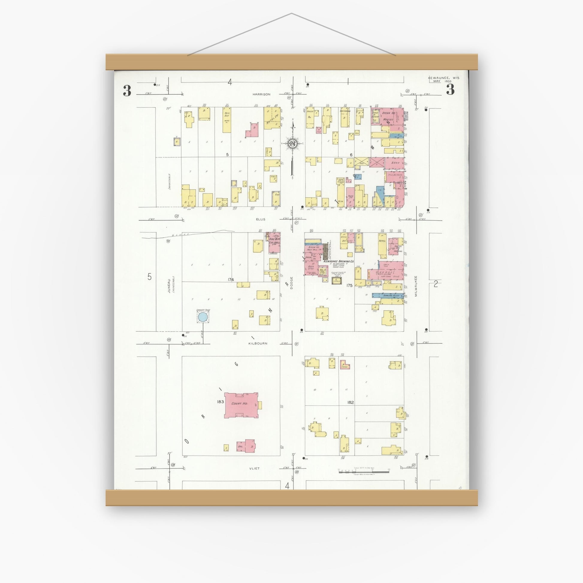 Old map wall art mockup — magnetic wood frame on white wall — Sanborn Fire Insurance Map from Kewaunee, Kewaunee County, Wisconsin (1933), Sheet #0003