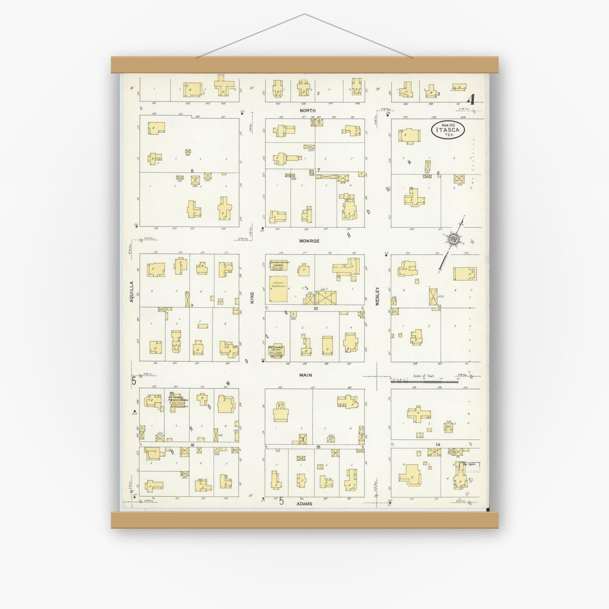 Old map wall art mockup — magnetic wood frame on white wall — Sanborn Fire Insurance Map from Itasca, Hill County, Texas (1912), Sheet #0004