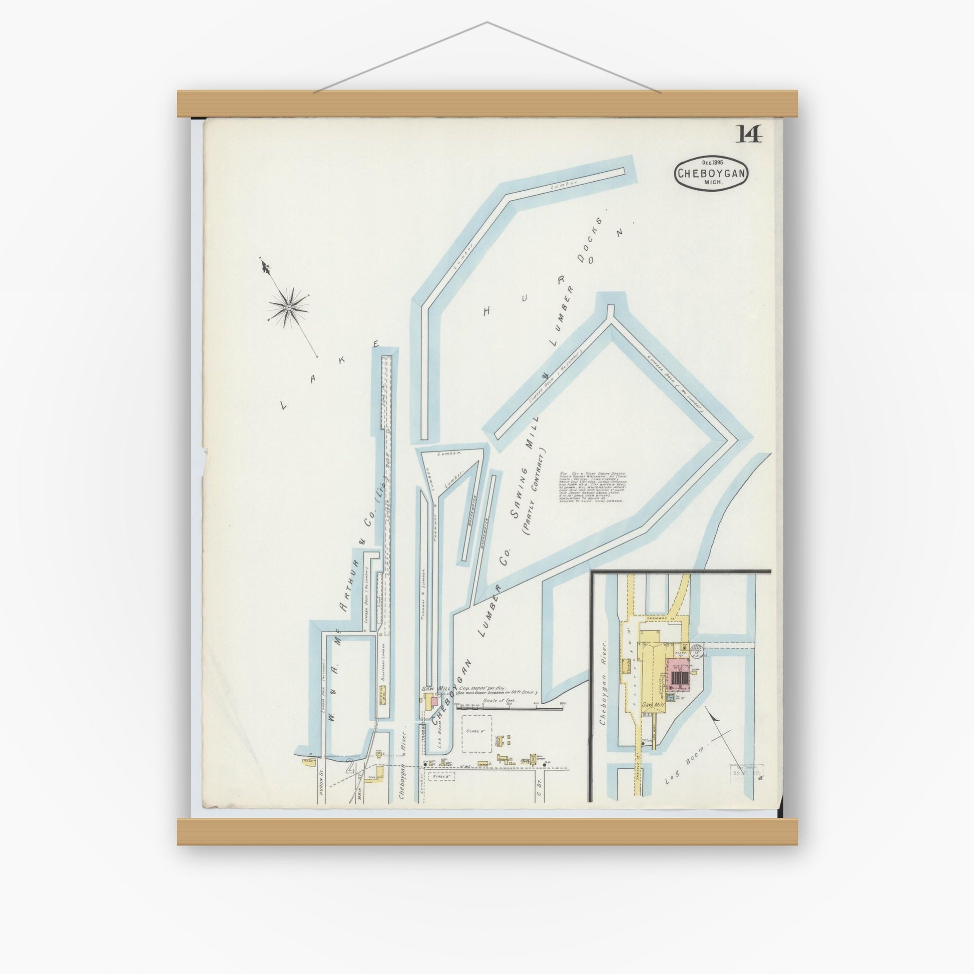 Old map wall art mockup — magnetic wood frame on white wall — Sanborn Fire Insurance Map from Cheboygan, Cheboygan County, Michigan (1895), Sheet #0014