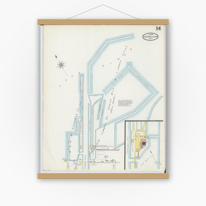 Old map wall art mockup — magnetic wood frame on white wall — Sanborn Fire Insurance Map from Cheboygan, Cheboygan County, Michigan (1895), Sheet #0014