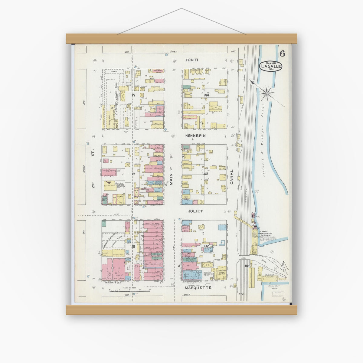 Old map wall art mockup — magnetic wood frame on white wall — Sanborn Fire Insurance Map from La Salle, La Salle County, Illinois (1892), Sheet #0006