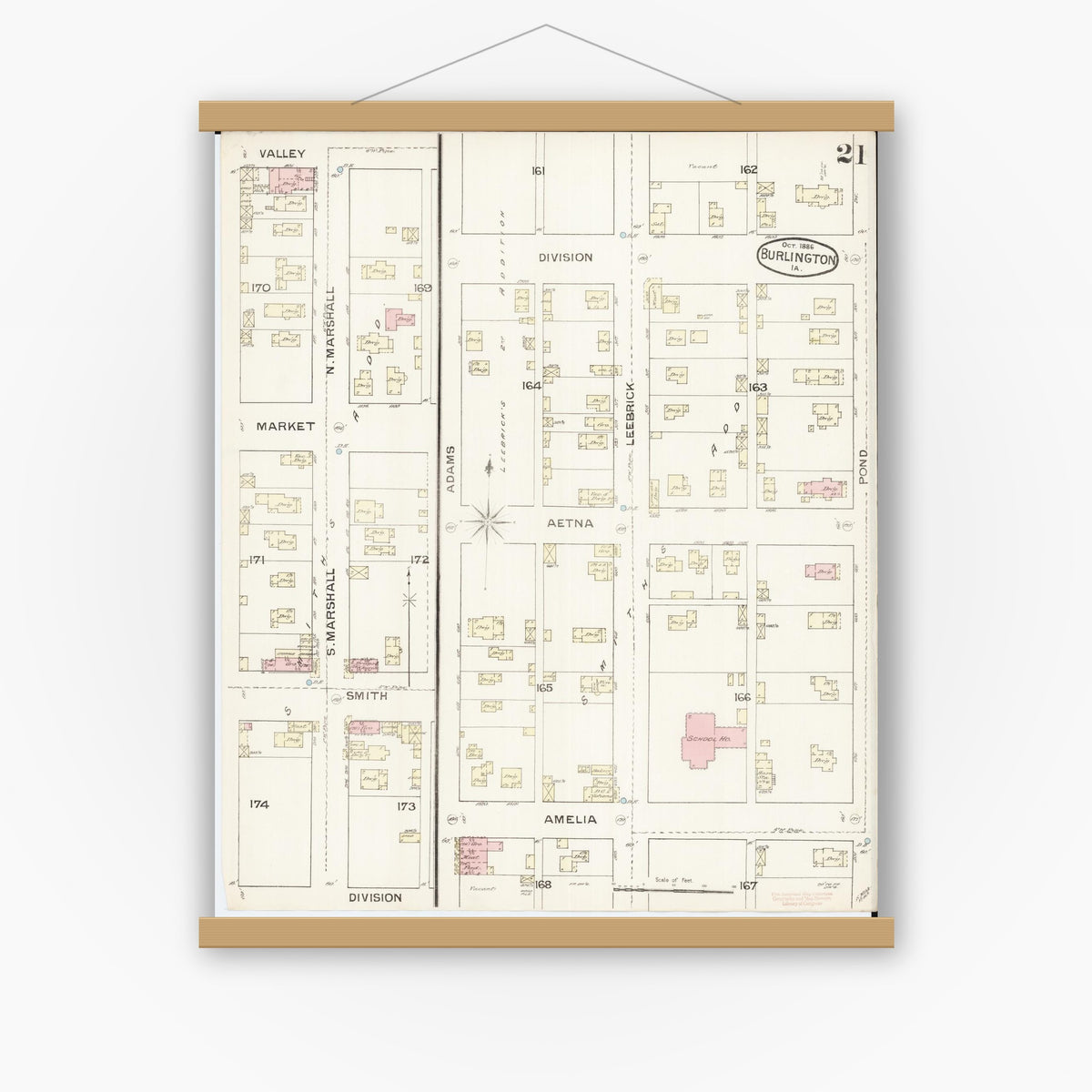 Old map wall art mockup — magnetic wood frame on white wall — Sanborn Fire Insurance Map from Burlington, Des Moines County, Iowa (1888), Sheet #0021
