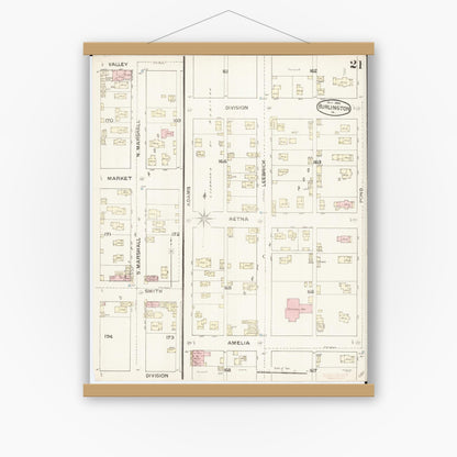 Old map wall art mockup — magnetic wood frame on white wall — Sanborn Fire Insurance Map from Burlington, Des Moines County, Iowa (1888), Sheet #0021