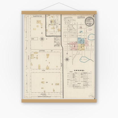 Old map wall art mockup — magnetic wood frame on white wall — Sanborn Fire Insurance Map from Orlando, Orange County, Florida (1887) - Complete Map Set