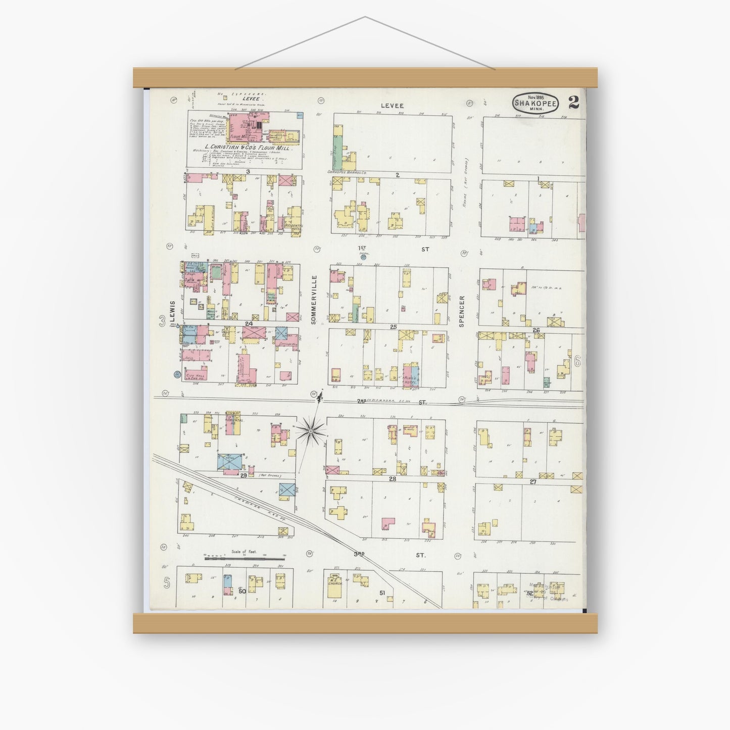 Old map wall art mockup — magnetic wood frame on white wall — Sanborn Fire Insurance Map from Shakopee, Scott County, Minnesota (1895), Sheet #0002
