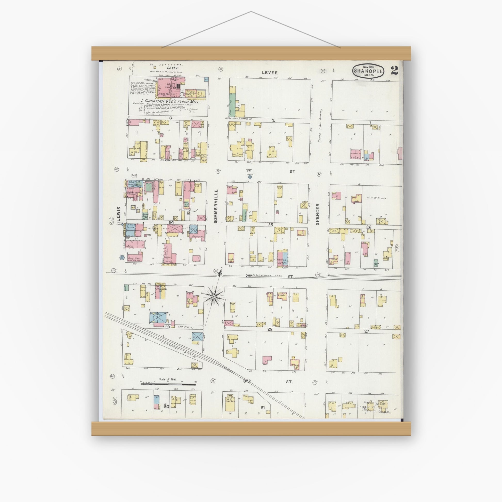 Old map wall art mockup — magnetic wood frame on white wall — Sanborn Fire Insurance Map from Shakopee, Scott County, Minnesota (1895), Sheet #0002