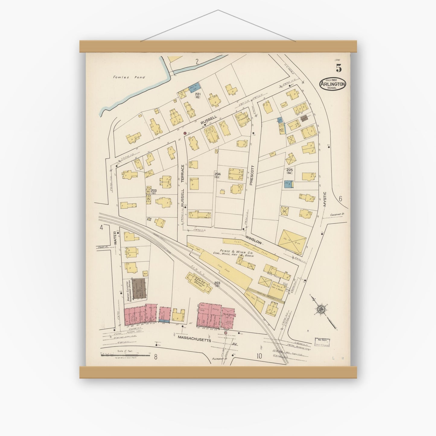 Old map wall art mockup — magnetic wood frame on white wall — Sanborn Fire Insurance Map from Arlington, Middlesex County, Massachusetts (1922), Sheet #0005