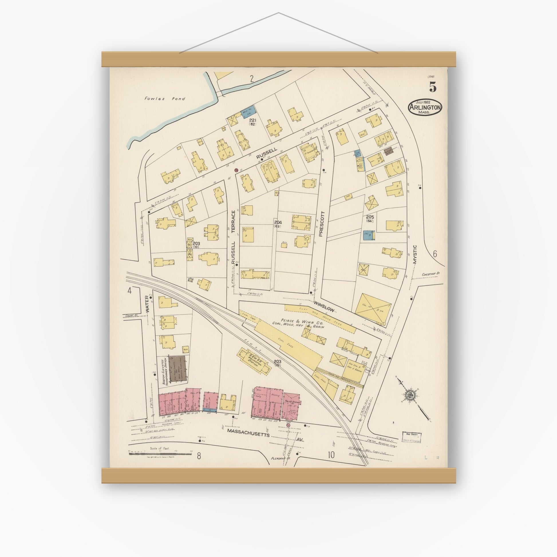 Old map wall art mockup — magnetic wood frame on white wall — Sanborn Fire Insurance Map from Arlington, Middlesex County, Massachusetts (1922), Sheet #0005
