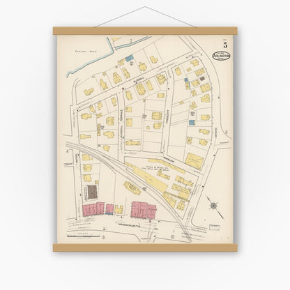 Old map wall art mockup — magnetic wood frame on white wall — Sanborn Fire Insurance Map from Arlington, Middlesex County, Massachusetts (1922), Sheet #0005