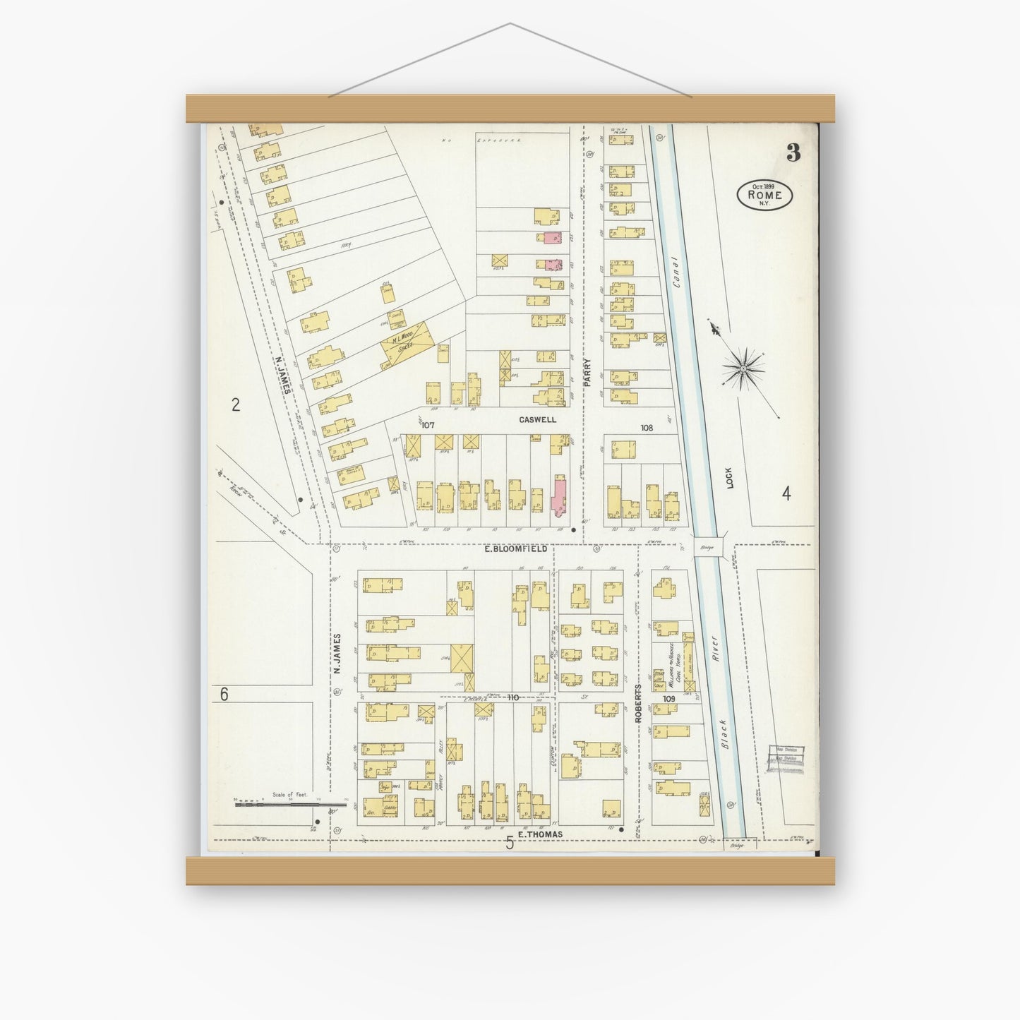 Old map wall art mockup — magnetic wood frame on white wall — Sanborn Fire Insurance Map from Rome, Oneida County, New York (1899), Sheet #0003