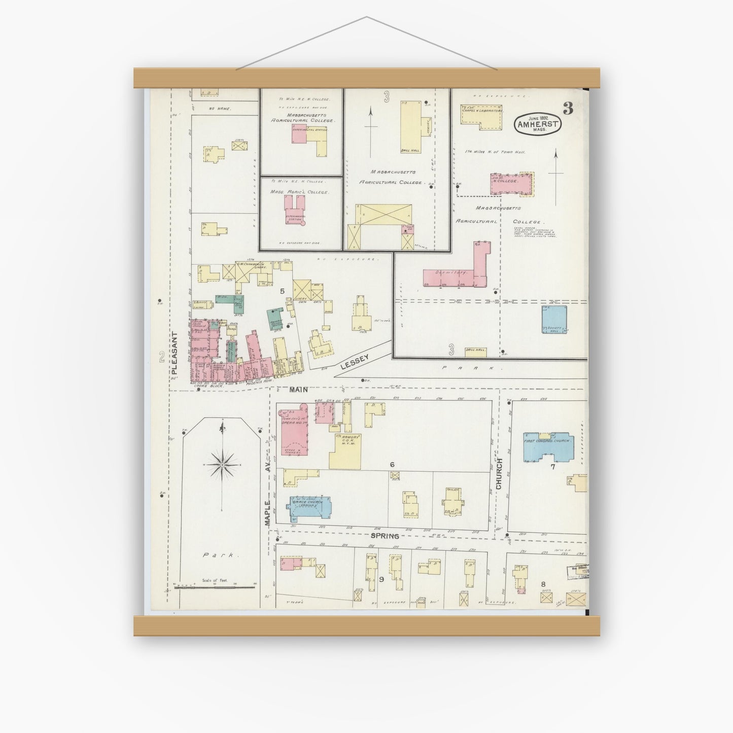 Old map wall art mockup — magnetic wood frame on white wall — Sanborn Fire Insurance Map from Amherst, Hampshire County, Massachusetts (1892), Sheet #0003