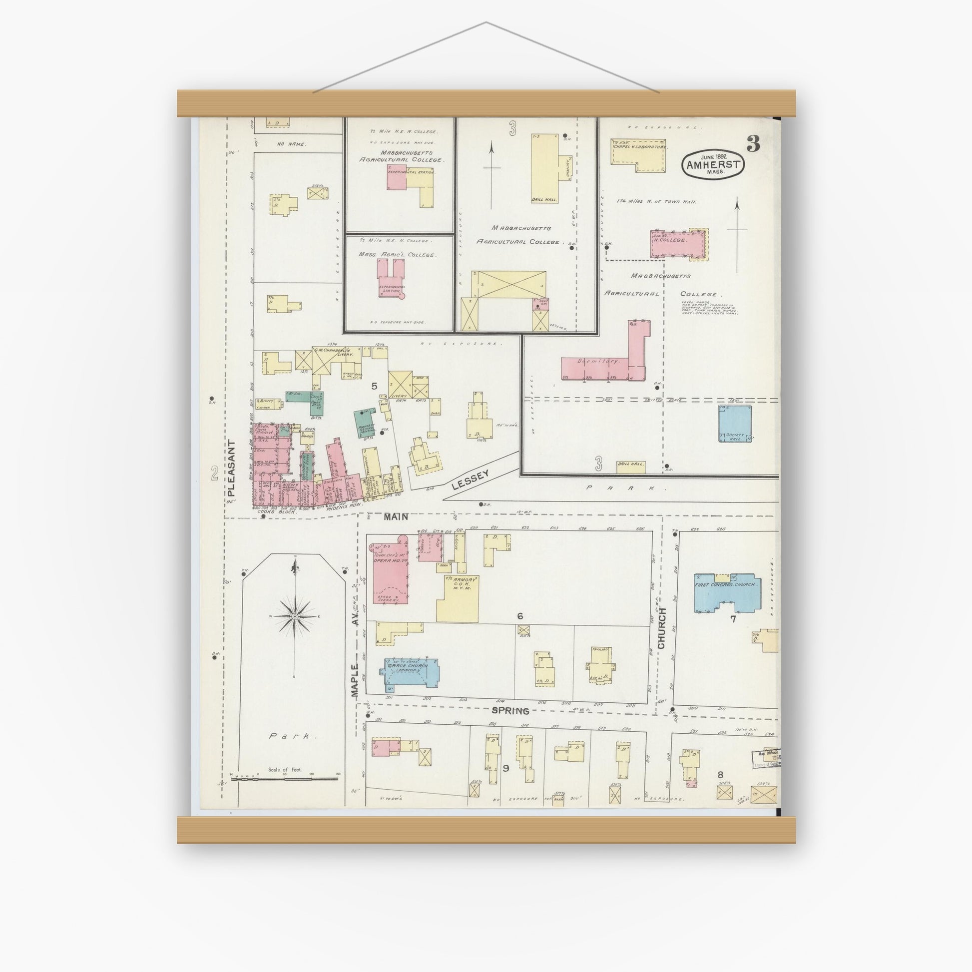 Old map wall art mockup — magnetic wood frame on white wall — Sanborn Fire Insurance Map from Amherst, Hampshire County, Massachusetts (1892), Sheet #0003
