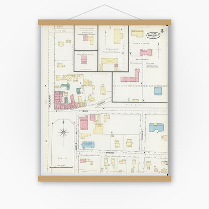 Old map wall art mockup — magnetic wood frame on white wall — Sanborn Fire Insurance Map from Amherst, Hampshire County, Massachusetts (1892), Sheet #0003
