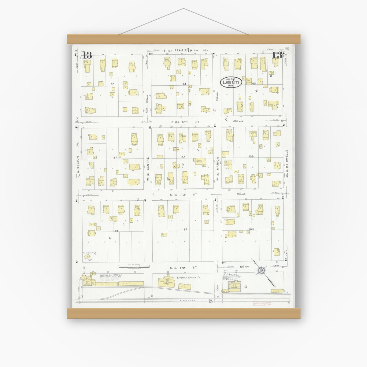 Old map wall art mockup — magnetic wood frame on white wall — Sanborn Fire Insurance Map from Lake City, Wabasha County, Minnesota (1930), Sheet #0013