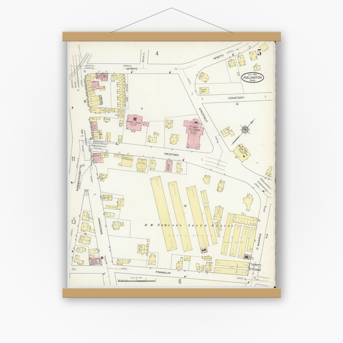 Old map wall art mockup — magnetic wood frame on white wall — Sanborn Fire Insurance Map from Arlington, Middlesex County, Massachusetts (1914), Sheet #0005