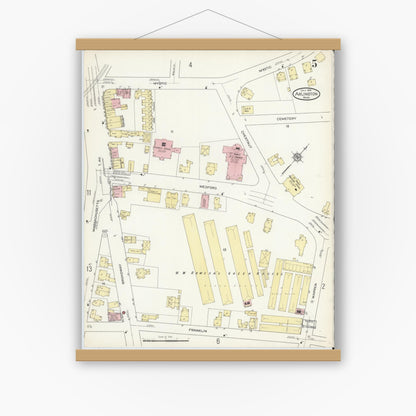 Old map wall art mockup — magnetic wood frame on white wall — Sanborn Fire Insurance Map from Arlington, Middlesex County, Massachusetts (1914), Sheet #0005