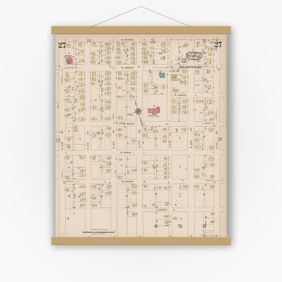 Old map wall art mockup — magnetic wood frame on white wall — Sanborn Fire Insurance Map from Temple, Bell County, Texas (1922), Sheet #0027