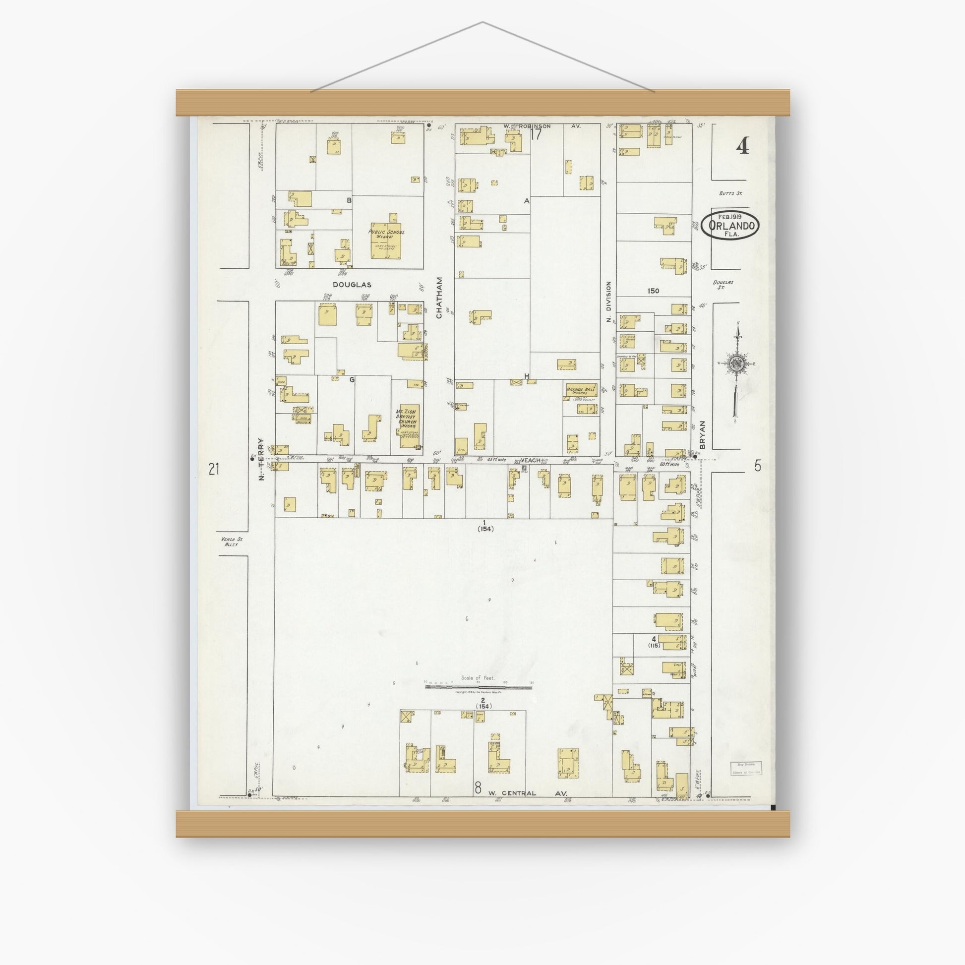 Old map wall art mockup — magnetic wood frame on white wall — Sanborn Fire Insurance Map from Orlando, Orange County, Florida (1919), Sheet #0004