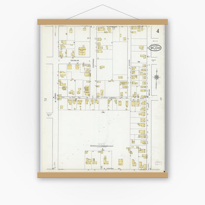 Old map wall art mockup — magnetic wood frame on white wall — Sanborn Fire Insurance Map from Orlando, Orange County, Florida (1919), Sheet #0004