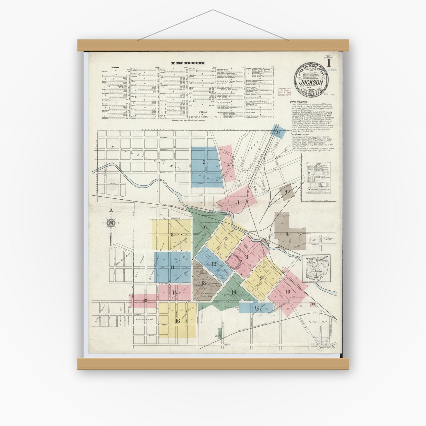 Old map wall art mockup — magnetic wood frame on white wall — Sanborn Fire Insurance Map from Jackson, Jackson County, Ohio (1914) - Complete Map Set