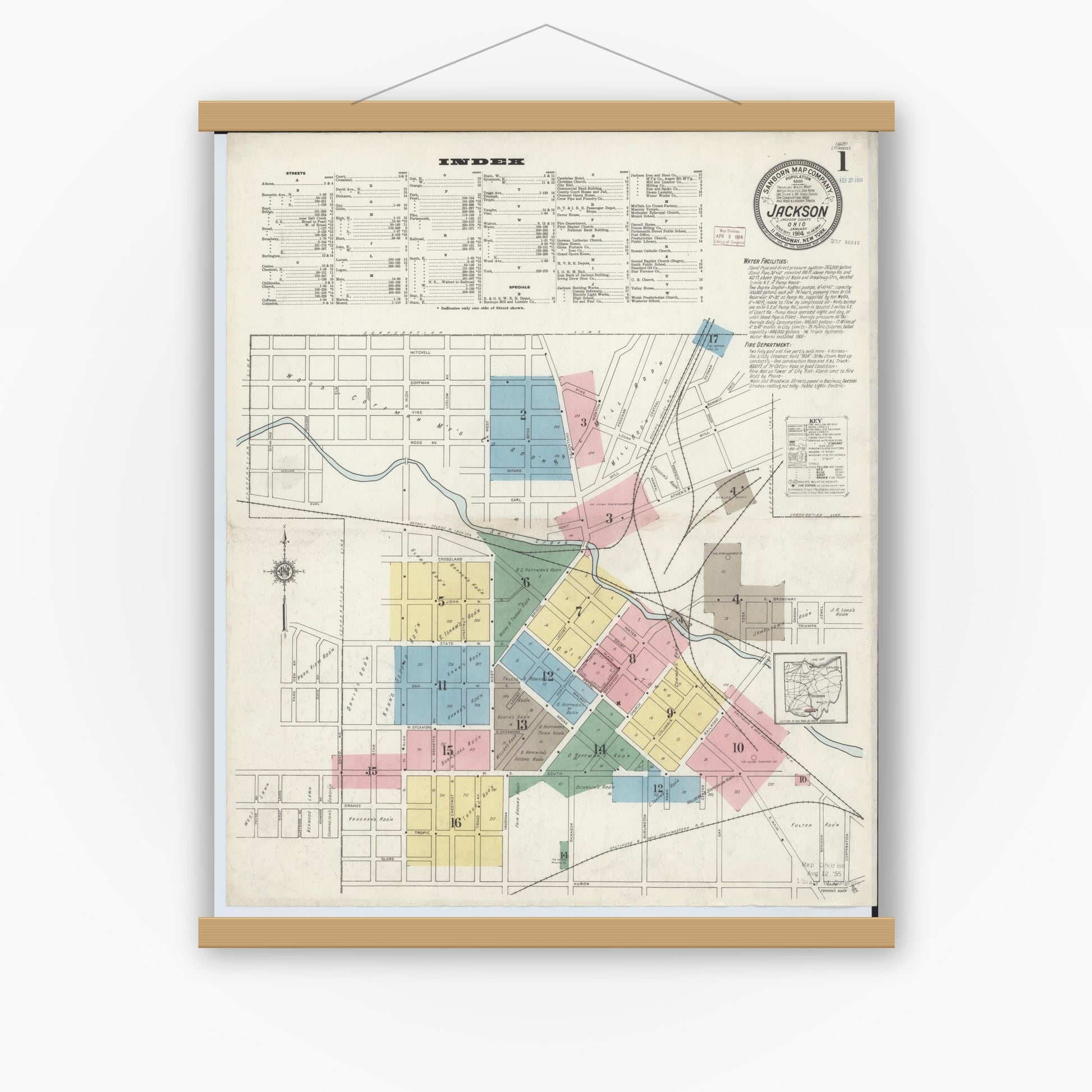 Old map wall art mockup — magnetic wood frame on white wall — Sanborn Fire Insurance Map from Jackson, Jackson County, Ohio (1914) - Complete Map Set