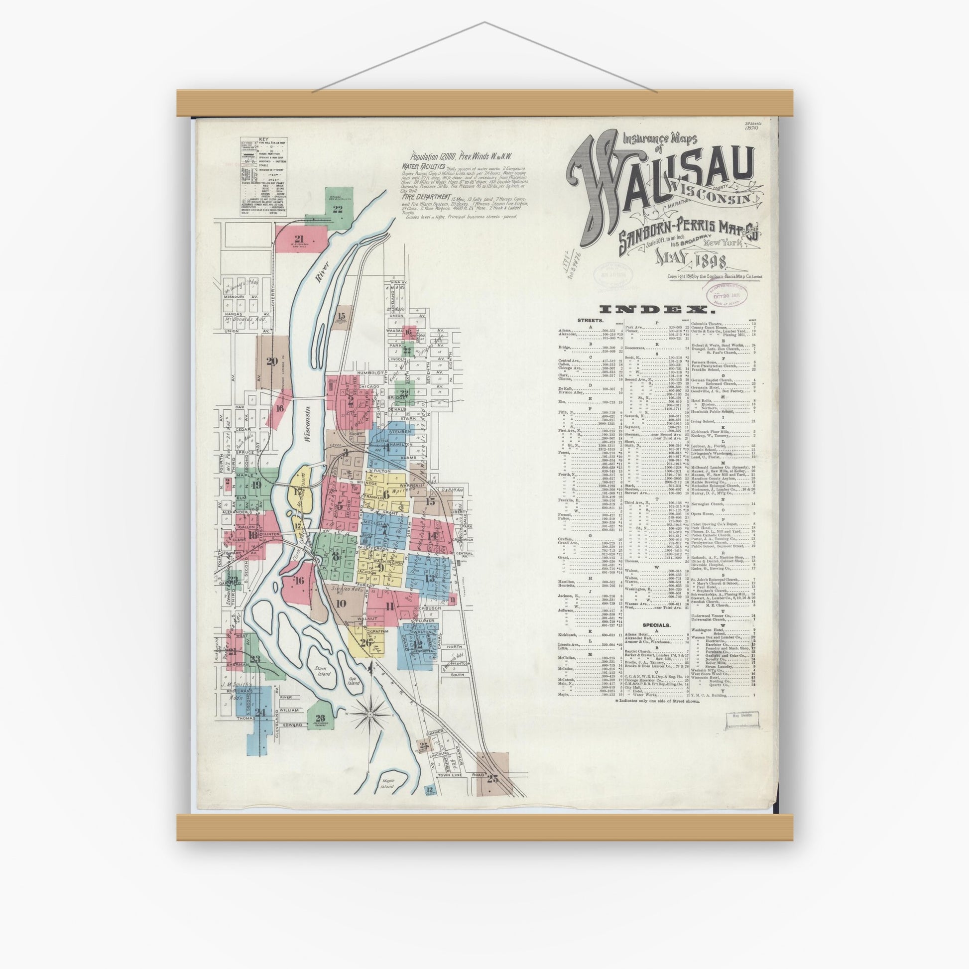 Old map wall art mockup — magnetic wood frame on white wall — Sanborn Fire Insurance Map from Wausau, Marathon County, Wisconsin (1898) - Complete Map Set