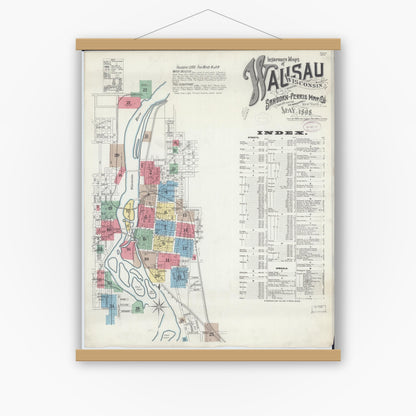Old map wall art mockup — magnetic wood frame on white wall — Sanborn Fire Insurance Map from Wausau, Marathon County, Wisconsin (1898) - Complete Map Set