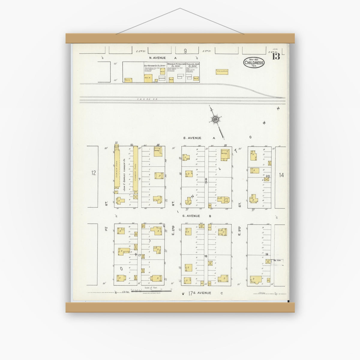 Old map wall art mockup — magnetic wood frame on white wall — Sanborn Fire Insurance Map from Childress, Childress County, Texas (1921), Sheet #0013