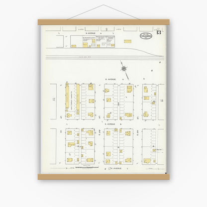 Old map wall art mockup — magnetic wood frame on white wall — Sanborn Fire Insurance Map from Childress, Childress County, Texas (1921), Sheet #0013