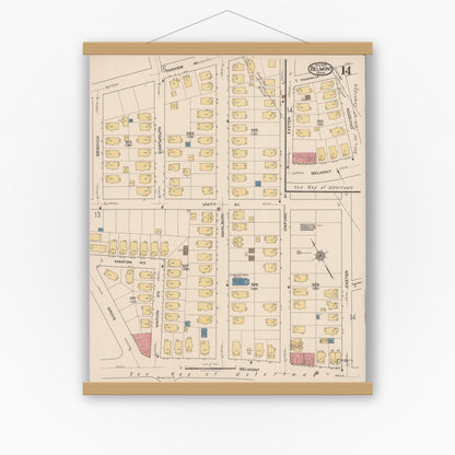 Old map wall art mockup — magnetic wood frame on white wall — Sanborn Fire Insurance Map from Belmont, Middlesex County, Massachusetts (1922), Sheet #0014