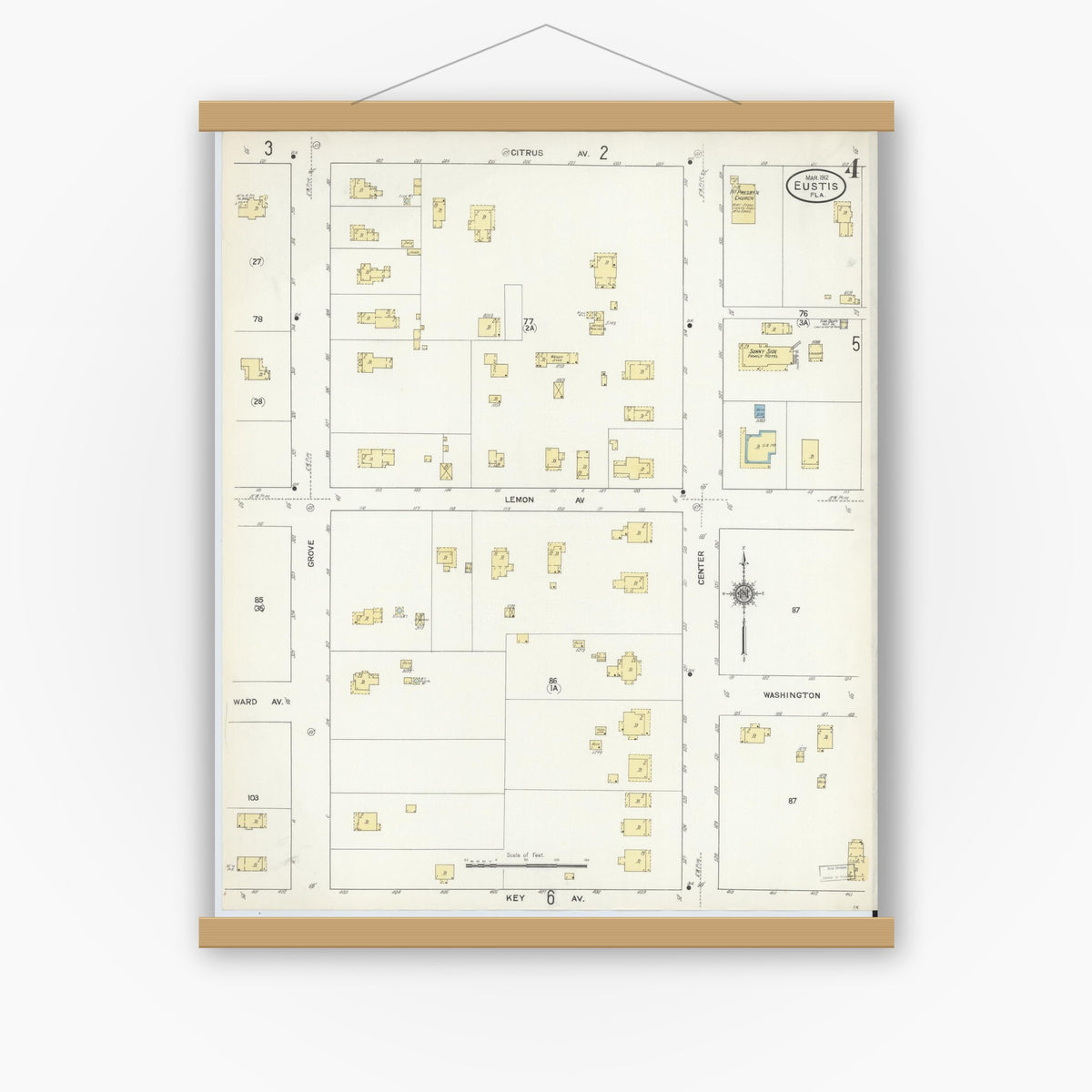 Old map wall art mockup — magnetic wood frame on white wall — Sanborn Fire Insurance Map from Eustis, Lake County, Florida (1912), Sheet #0004