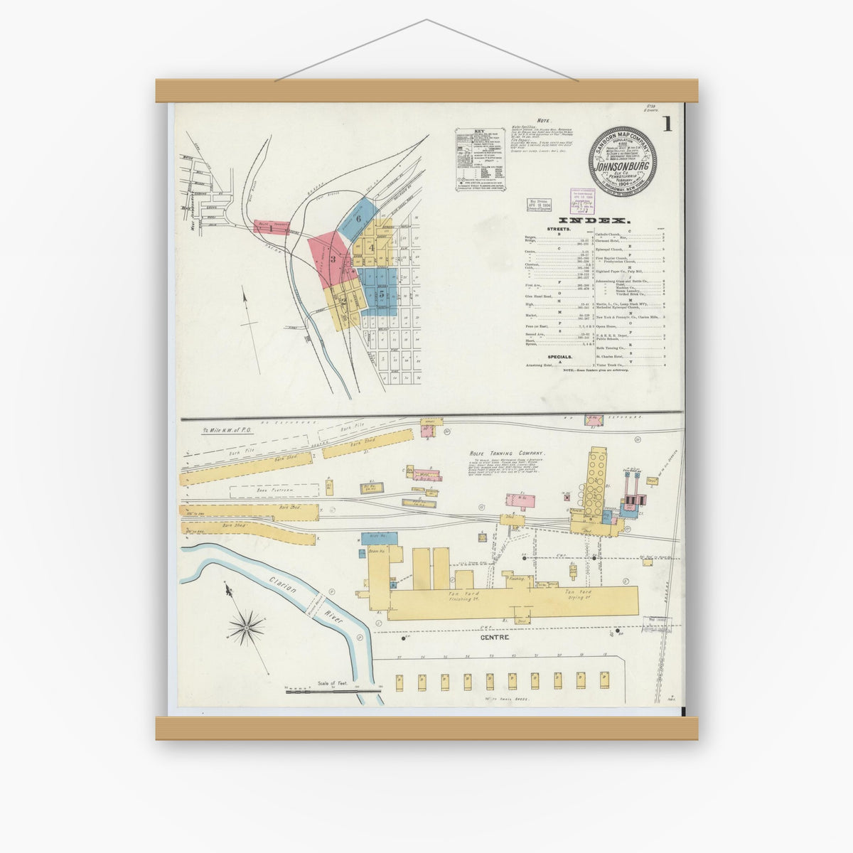 Old map wall art mockup — magnetic wood frame on white wall — Sanborn Fire Insurance Map from Johnsonburg, Elk County, Pennsylvania (1904), Sheet #0001